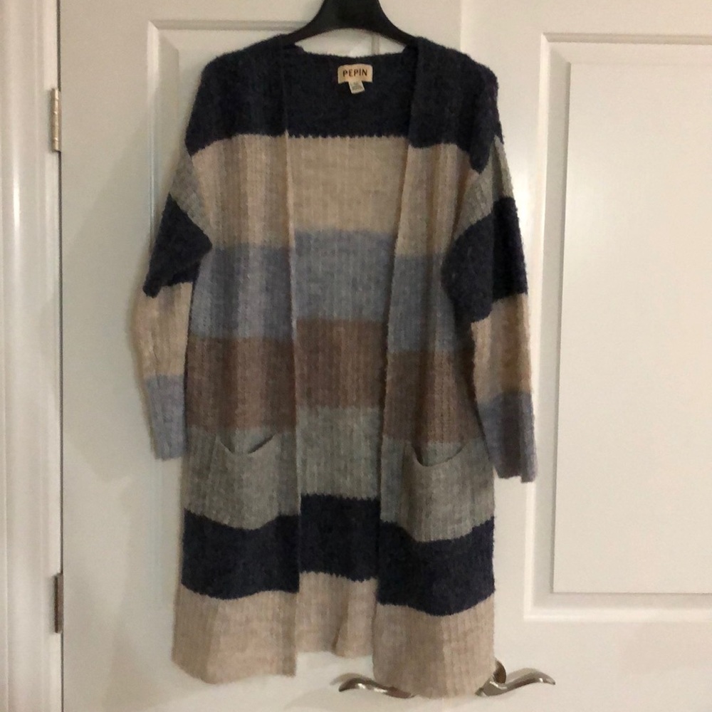 Pepin Striped Open-Front Cardigan in Navy, Gray & Tan